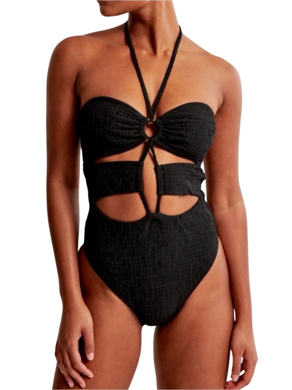 Abercrombie & Fitch Black Crinkle Cutout Halter O-Ring One-Piece Swimsuit, M